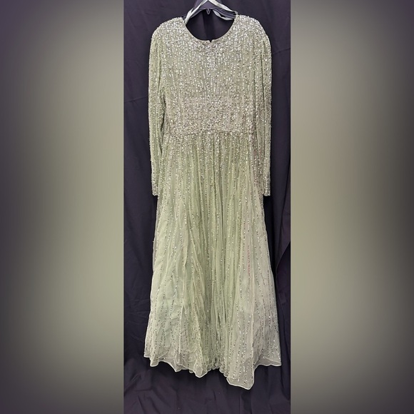 MAC DUGGAL 5636 NWT Green Sequined Illusion High Neck Long Sleeve Gown - Picture 5 of 7